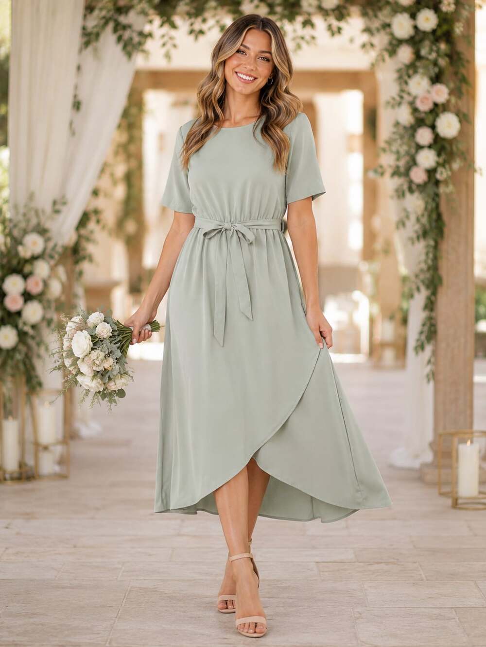 Roolee Taylor Jane Sage Green Faux Wrap Maxi Dress Tie Waist Short Sleeve S